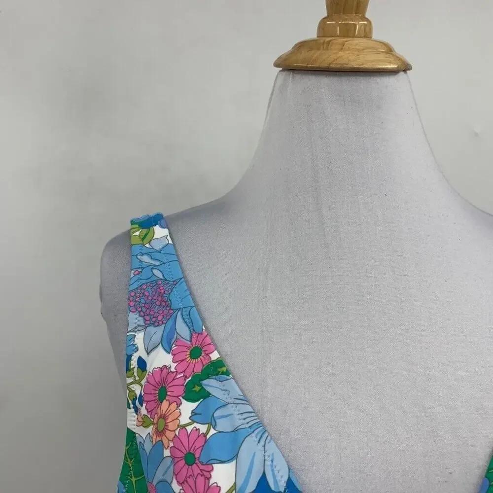J Crew Bikini Top Womens L Large Multi Fairy Floral Print Eco Tie Front Swimwear